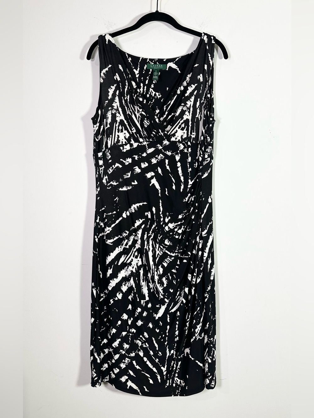 Lauren Ralph Lauren Black White Sleeveless V-Neck Midi Sheath Dress